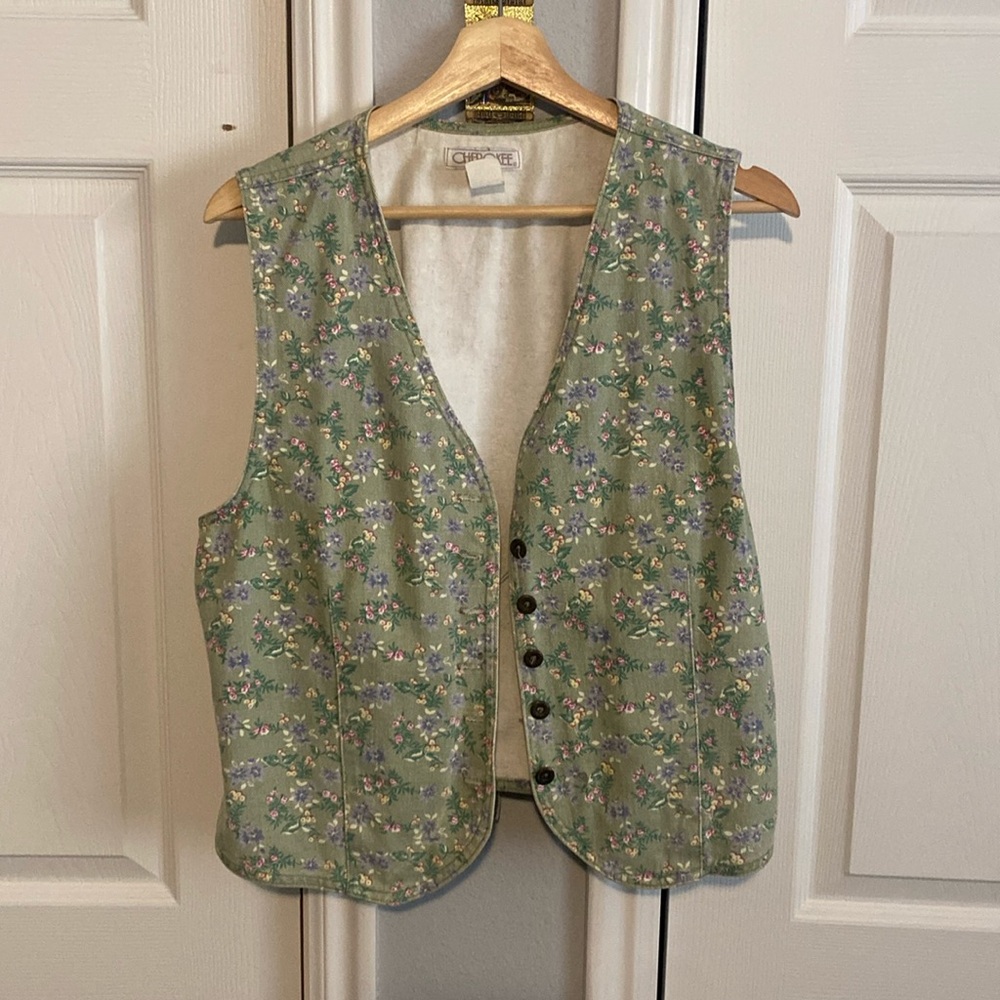 💐Vintage 90s Cherokee Green Floral Denim Vest 💐